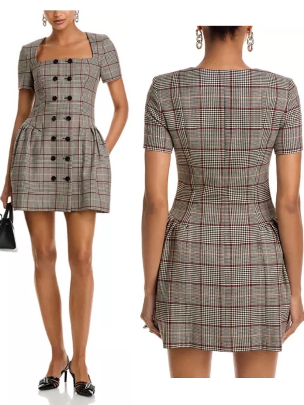Self-Portrait Check Short Sleeve Mini Dress Brown Plaid US 6 NWT $650 Tailored